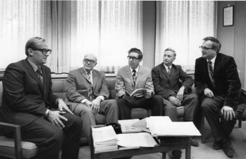 Don Cowan (from left) with Department Chairs of Mathematics meeting with Dean David Sprott (far right).