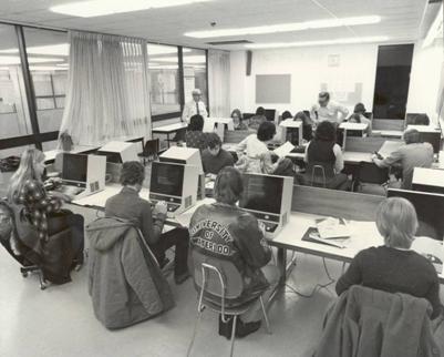 Commodore PET microcomputers in use during a WATCOM hardware design seminar given by WATCOM in 1983